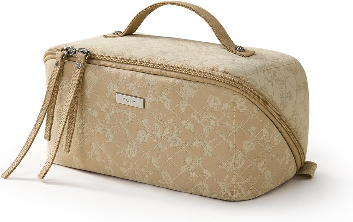 Travel Makeup Bag, Large Capacity Cosmetic Bags for Women, Waterproof Portable Pouch Open Flat Toiletry Bag Pattern Make up Bag (F-Beige)