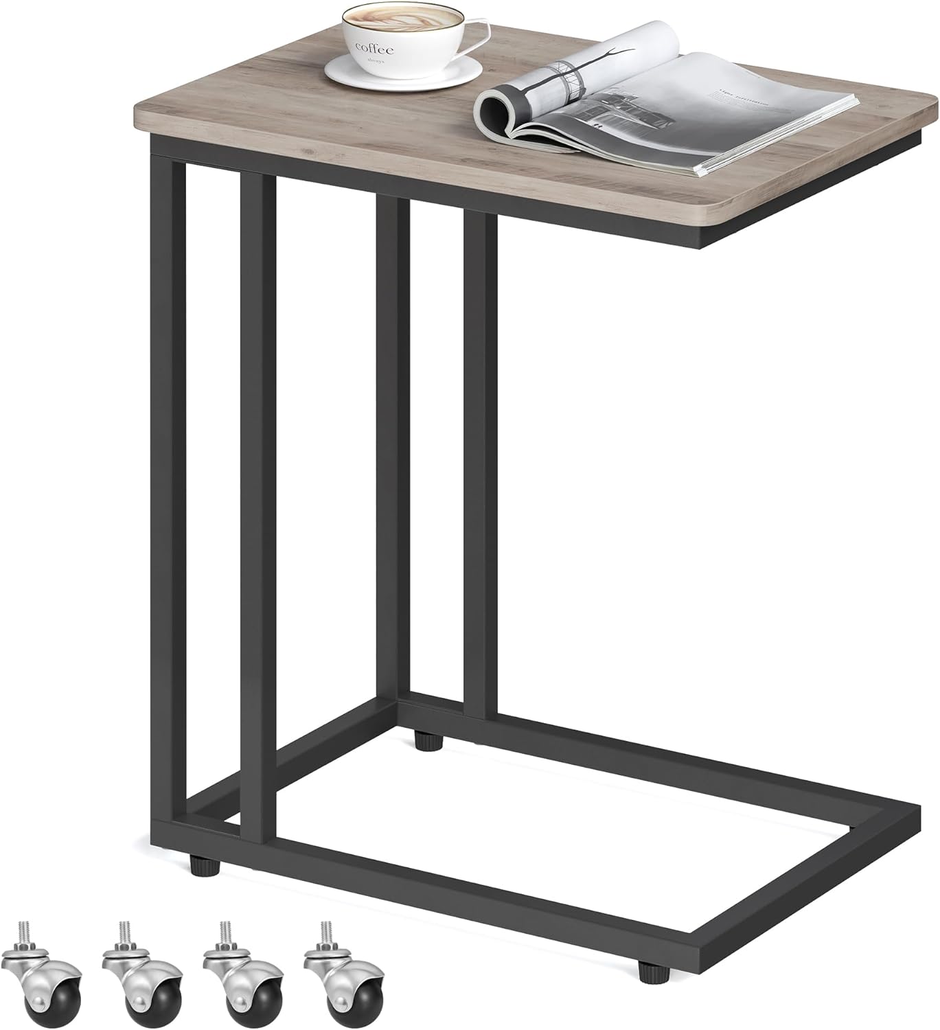 C Shaped TV Tray with Metal Frame Rolling Casters, Industrial Side Table for Living Room Bedroom