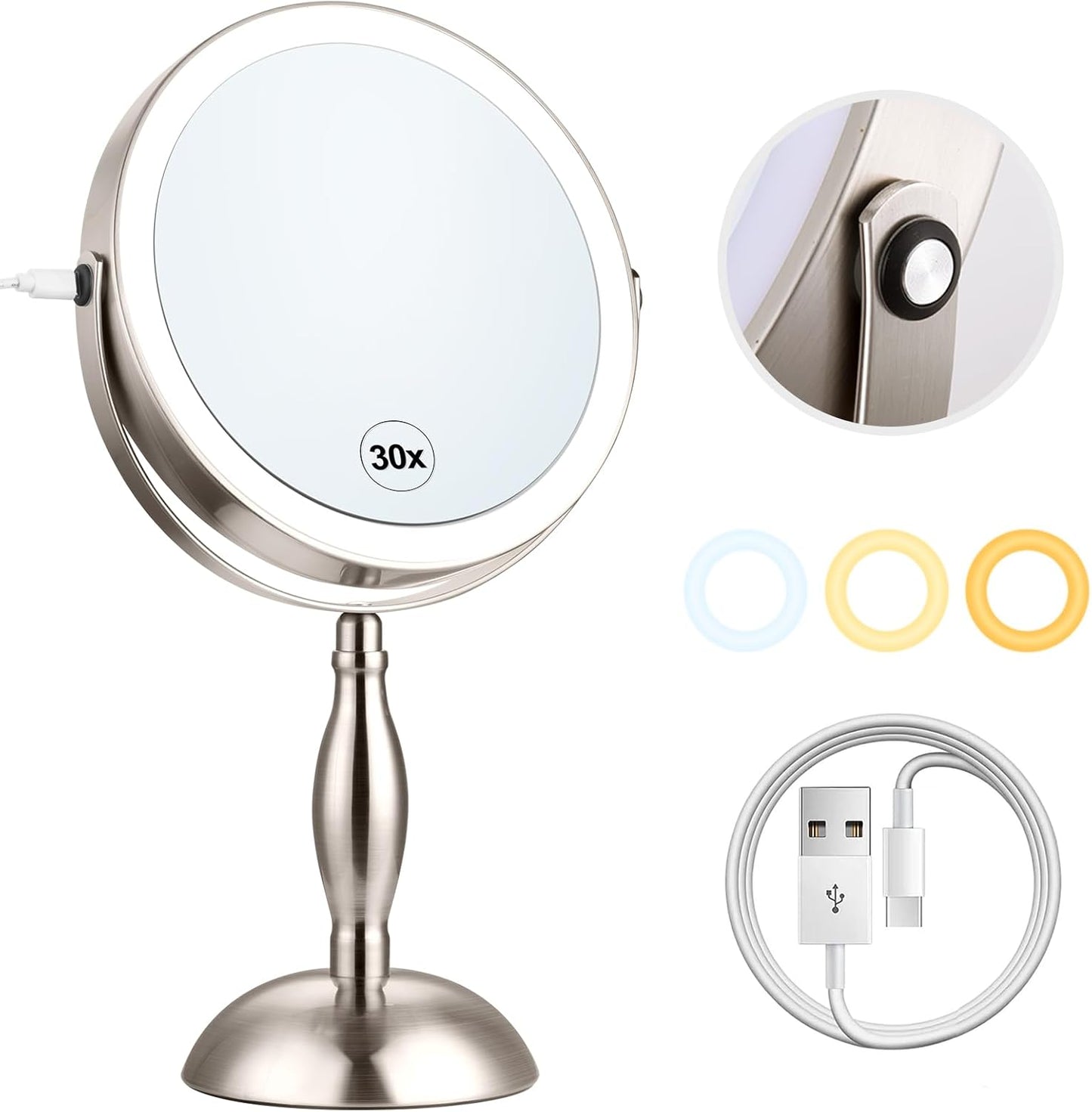 Makeup Mirror, 30x Magnifying Mirror with 3 Lights Colors,  Style Side Touch + Side Charge