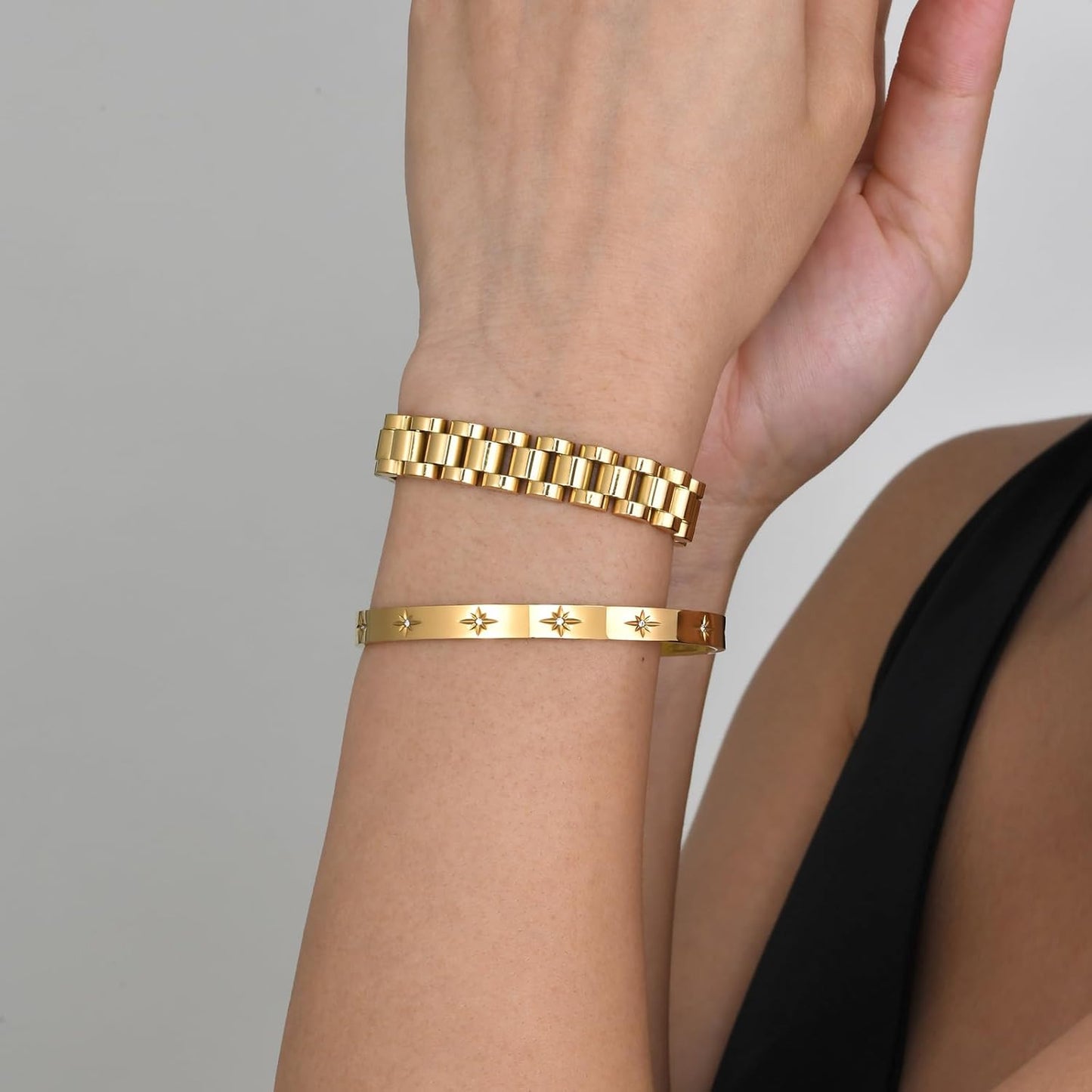2pcs Gold Chain Link Bracelet, Stainless Steel Crystal Friendship Bracelets Bangle,Watch Band Chains Wristband
