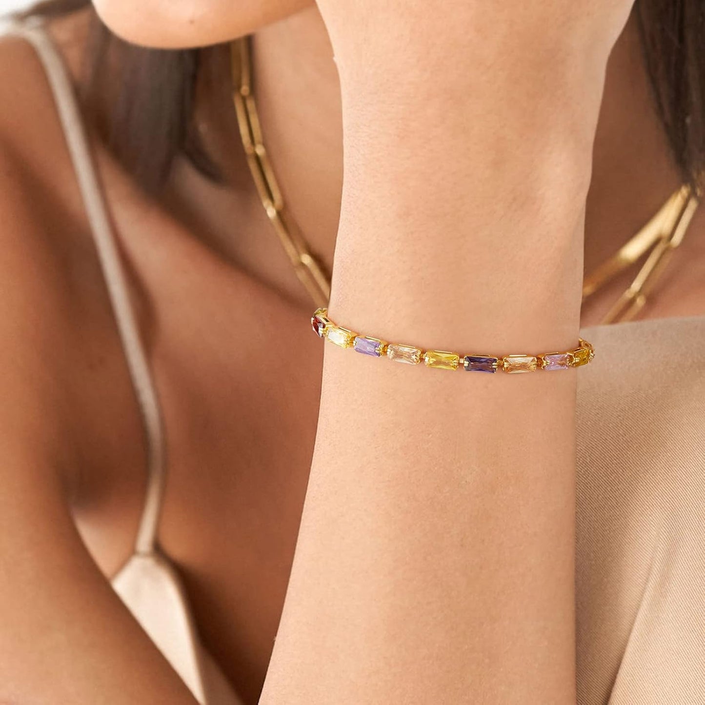 Tennis Bracelet for Women, 14K Gold Plated Cubic Zirconia Adjustable Slider Bracelets Trendy Jewelry Gift