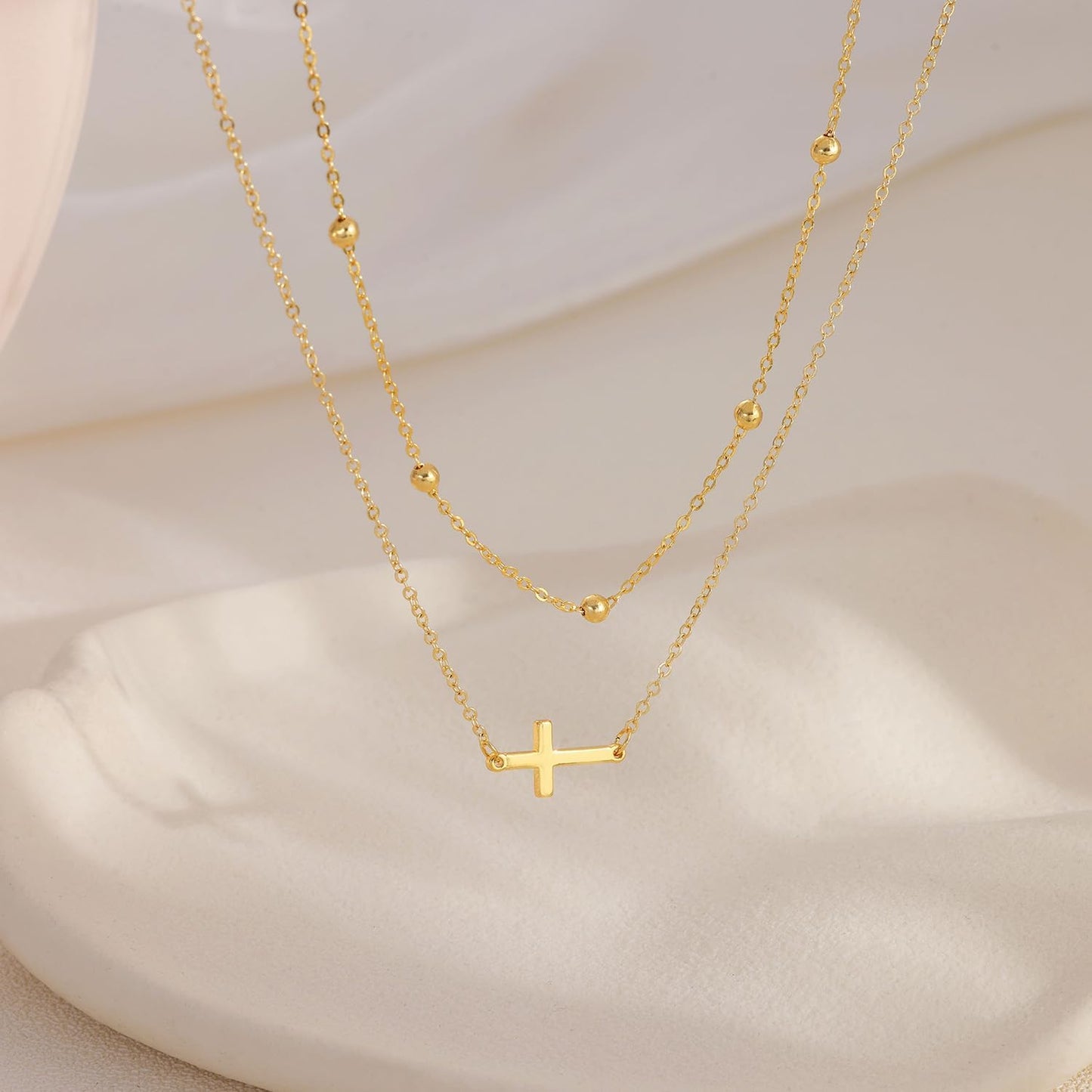 Dainty Layered Cross Necklace: 14K Gold Plated Real Silver Adjustable Choker Gift for Women and Teen Girls