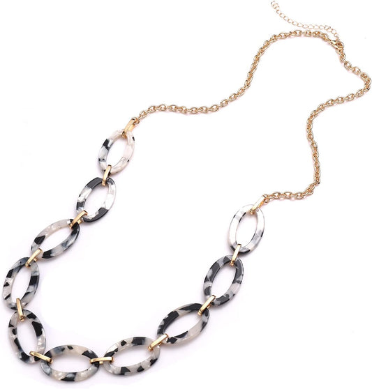 Women: Leopard & Tortoise Print Acetate Collar Necklace with Metal Oval Resin Chain