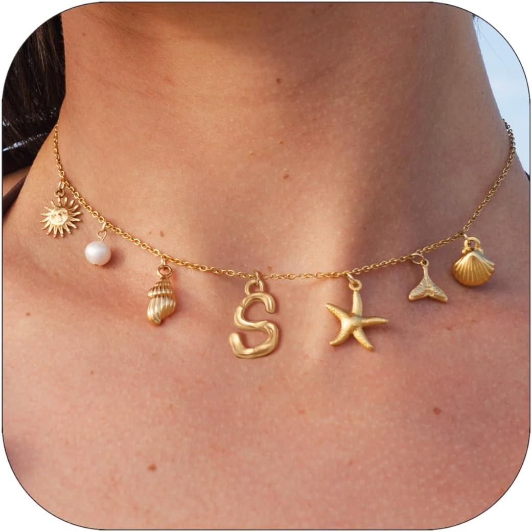 Summer Beach Necklace - 14K Gold Shell Initial Pendant Boho Jewelry