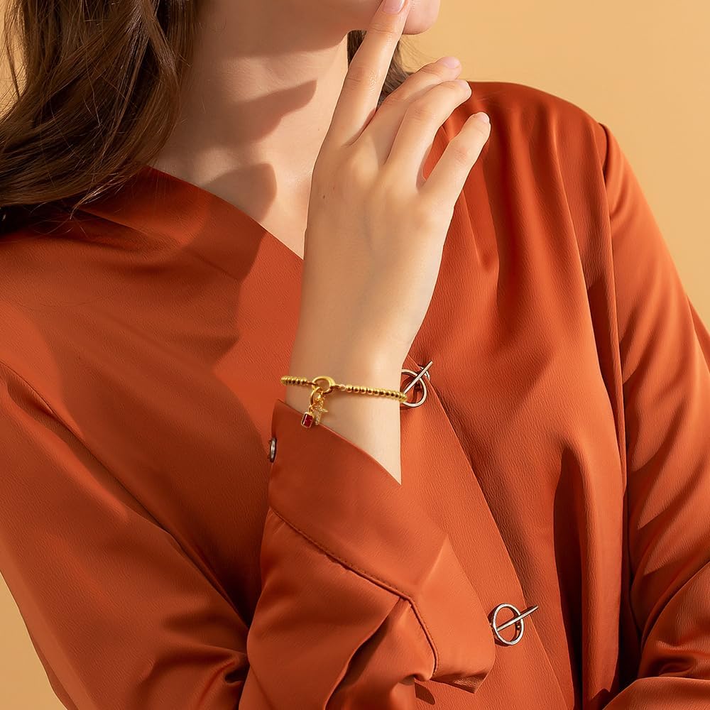 Free bird Cross Birthstone Bracelet | Dainty 14K Gold Plated Cross Charm Bracelet | Stretchable Elastic Gold Beaded Bracelet