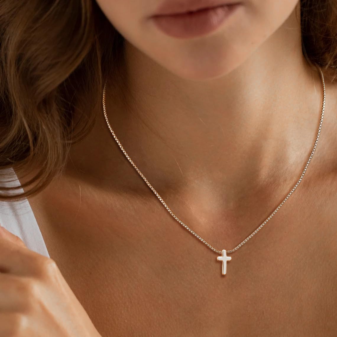 14K Gold/Silver Cross Necklace, CZ Box Chain with Pearl Beads, Minimalist Everyday Jewelry Gift for Women