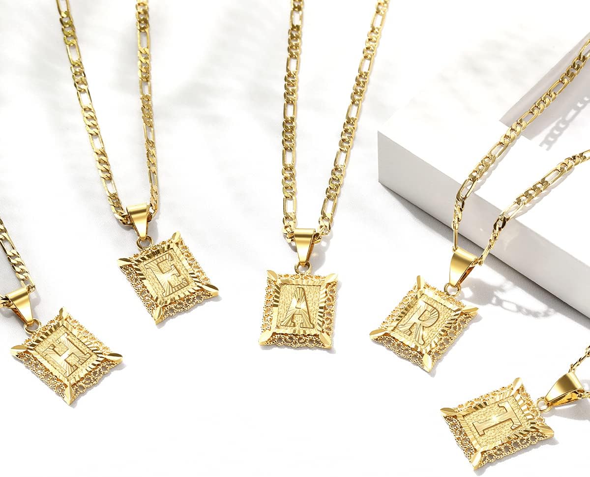 Custom Initial Necklace - 14K Gold Plated Monogram Pendant on Figaro Chain for Women & Men