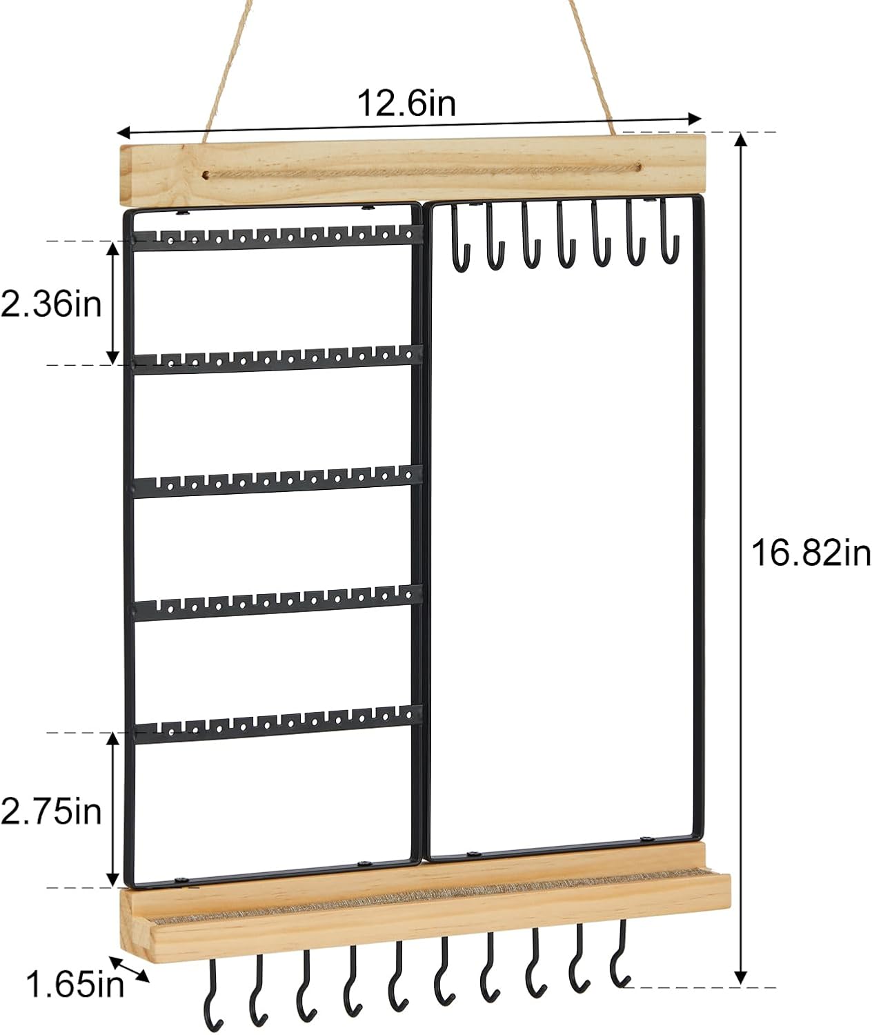 Hanging Jewelry Organizer, 5-Tier Wall Earring Holder with Wooden Ring Groove, Jewelry Rack Wall Mounted