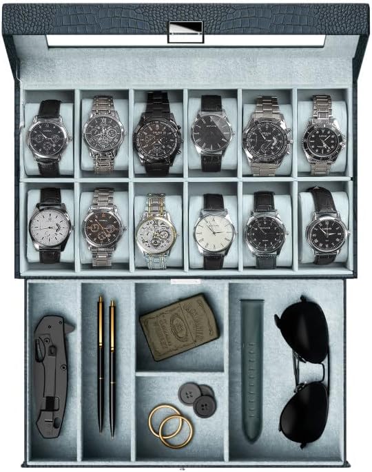 12 Slot Men Watch Case With Drawer, Watch Display Case With Glass Lid, 2-Layer Watch Holder Organizer
