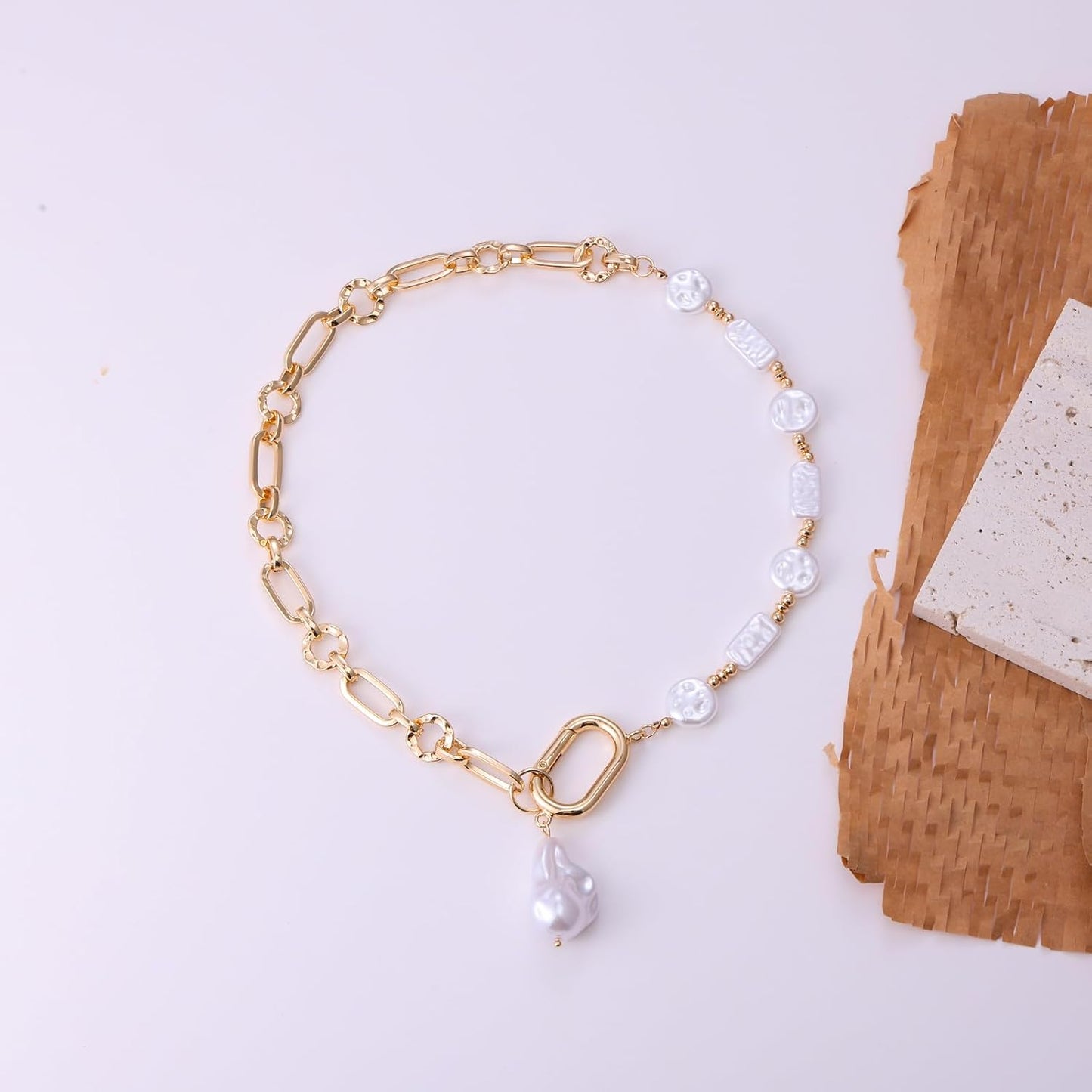 Statement Mixed Chain & Chunky Organic Pearl Choker Necklace for Women - Trendy Layered Jewelry