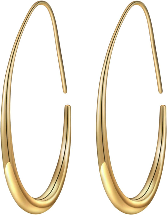 Lightweight Teardrop Hoop Earrings for Women - 14k Gold/White Gold Plated Large Oval Pull Through Hoop Earrings High