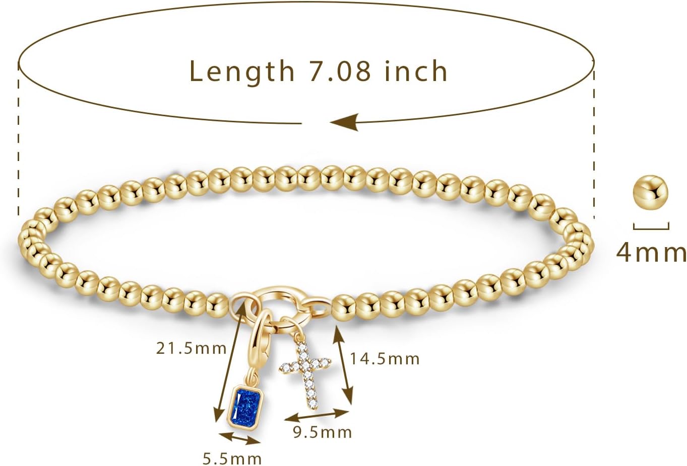 Free bird Cross Birthstone Bracelet | Dainty 14K Gold Plated Cross Charm Bracelet | Stretchable Elastic Gold Beaded Bracelet