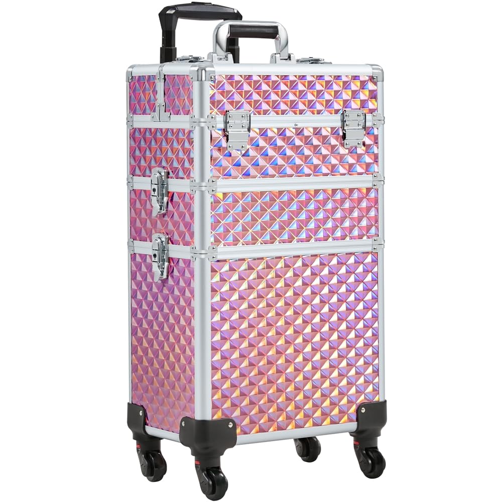 4 in 1 Professional Makeup  Case Aluminum Cosmetic Case Rolling Makeup Case Extra Large Trolley