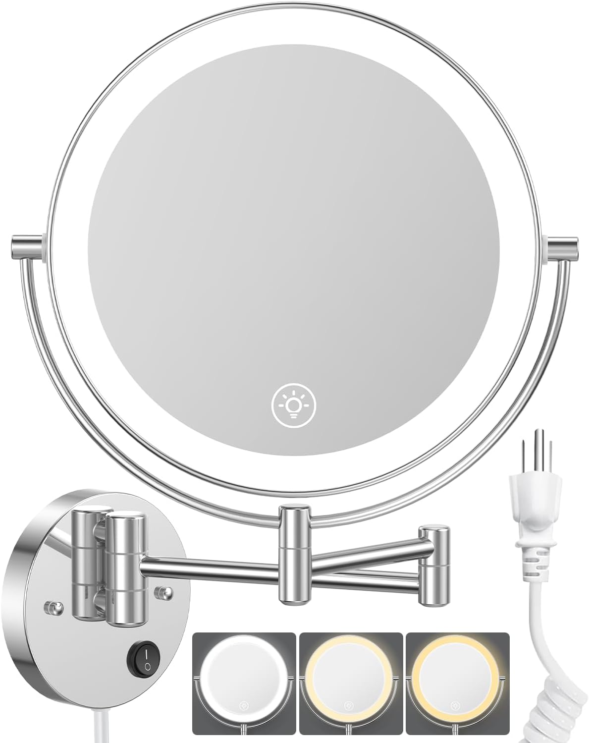 9" Large Size Wall Mounted Lighted Makeup Vanity Mirror, 1X/10X Magnifying  Bathroom Mirror