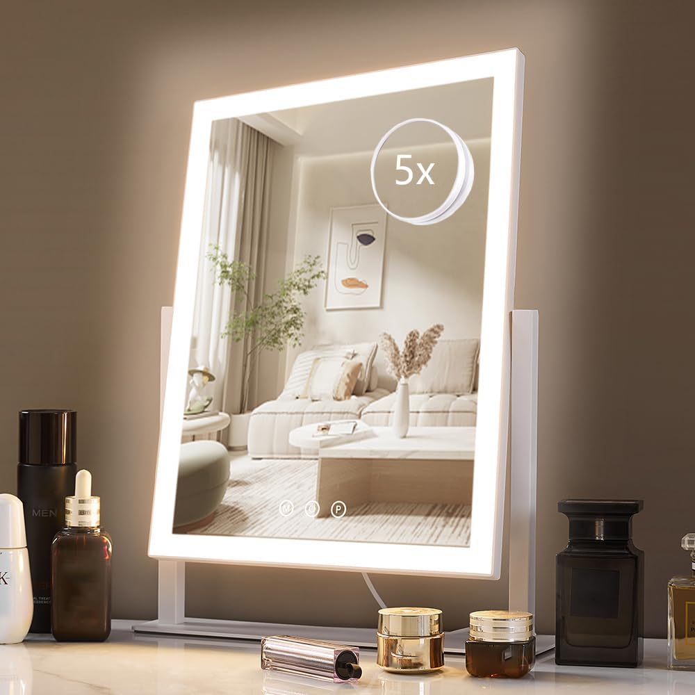 Lighted Makeup Mirror,  Three Color Lighting Modes, and 5X Magnification Mirror, Smart Touch Control