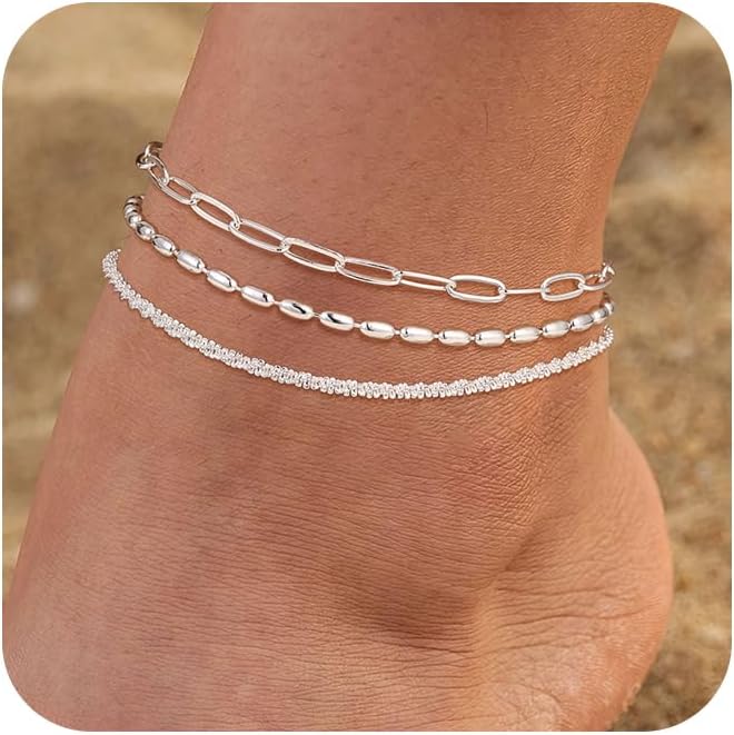 Ankle Bracelets for Women, Glitter Waterproof Adjustable Anklet for Women, 14K Gold Plated/Sterling Silver Layered Anklets, Summer Beach Anklet Jewelry for Women Gift
