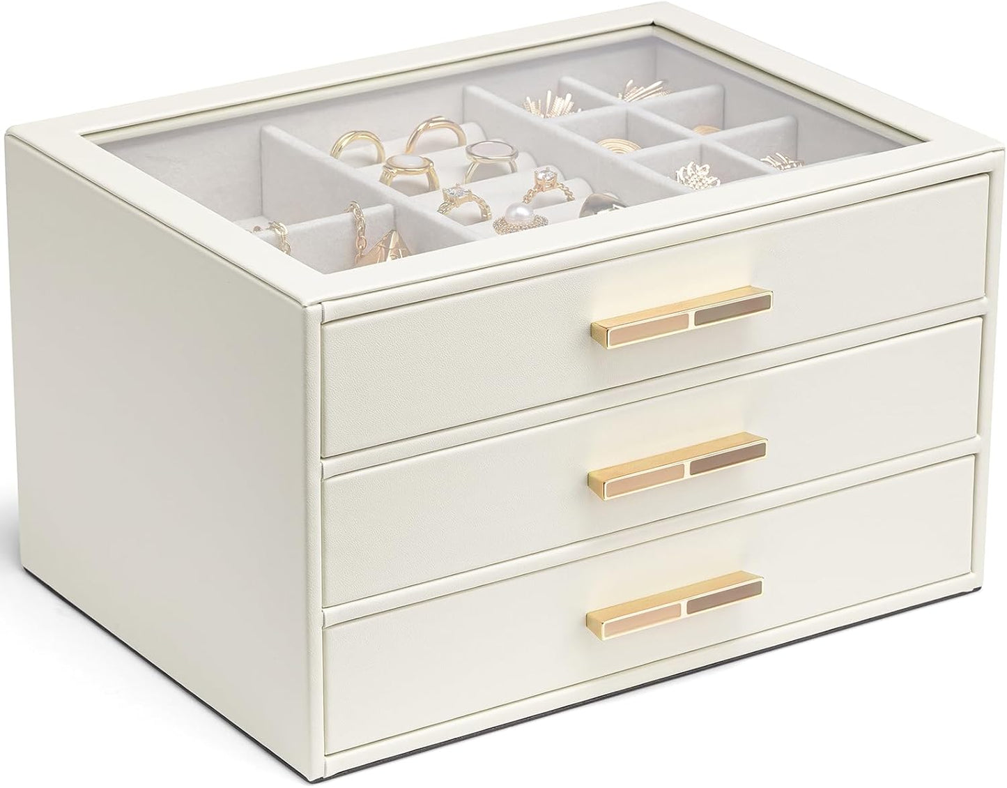 Jewelry Box for Women, Glass Lid Jewelry Organizer with 3 Drawers for Necklaces Rings Earrings Bracelets-Mother Cloud White