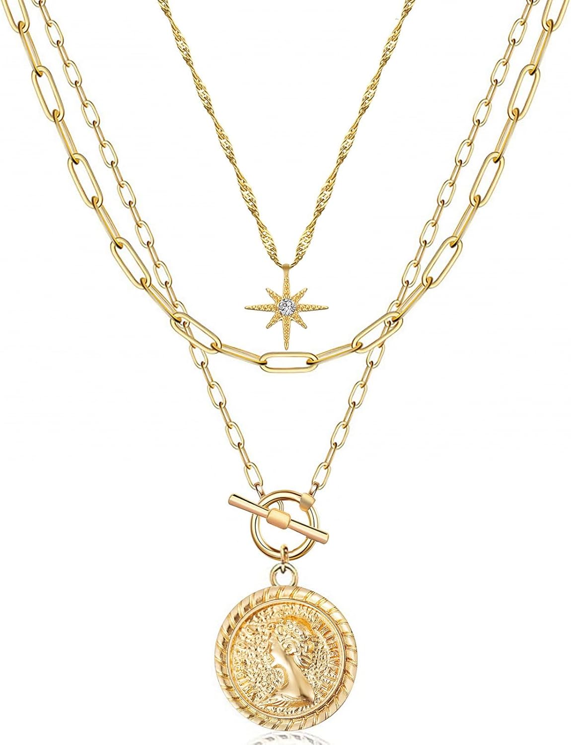 Layered Star & Coin Necklace - 14K Gold Plated Paperclip Choker for Women, Retro Gift