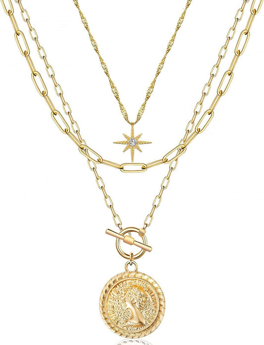 Layered Star & Coin Necklace - 14K Gold Plated Paperclip Choker for Women, Retro Gift