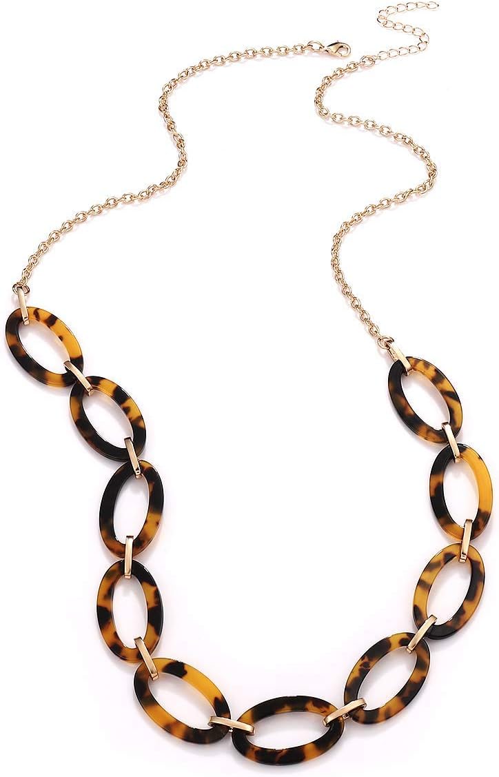 for Women: Leopard & Tortoise Print Acetate Collar Necklace with Metal Oval Resin Chain