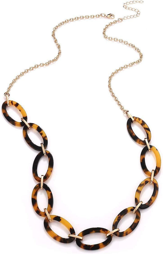 for Women: Leopard & Tortoise Print Acetate Collar Necklace with Metal Oval Resin Chain