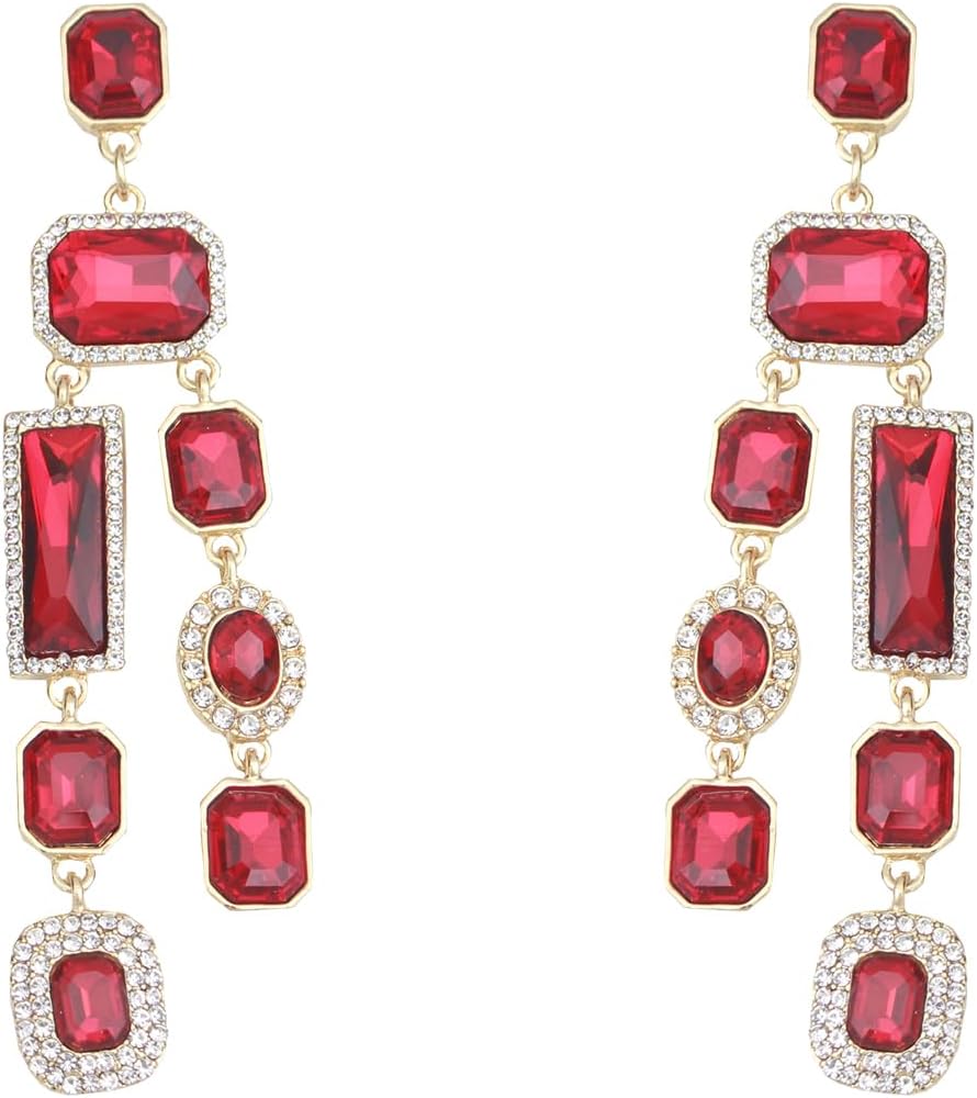 Vintage Rectangle Teardrop Chandelier Earrings, Art Deco Wedding Austrian Crystal Drop Dangle Earrings for Women Party Prom