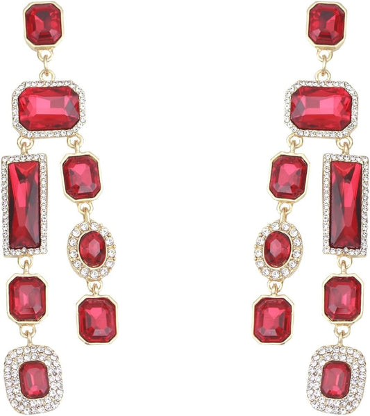 Vintage Rectangle Teardrop Chandelier Earrings, Art Deco Wedding Austrian Crystal Drop Dangle Earrings for Women Party Prom