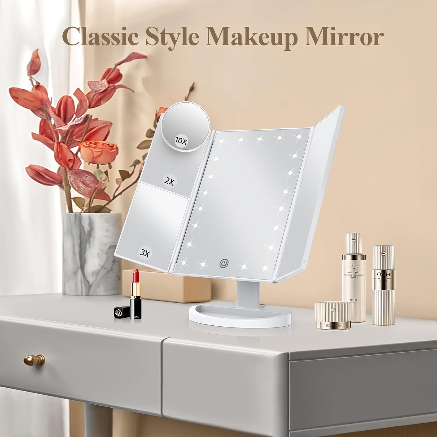 Makeup Mirror Vanity Mirror with Lights, 2X, 3X, 10X Magnification, Touch Control, Trifold, Modern Style
