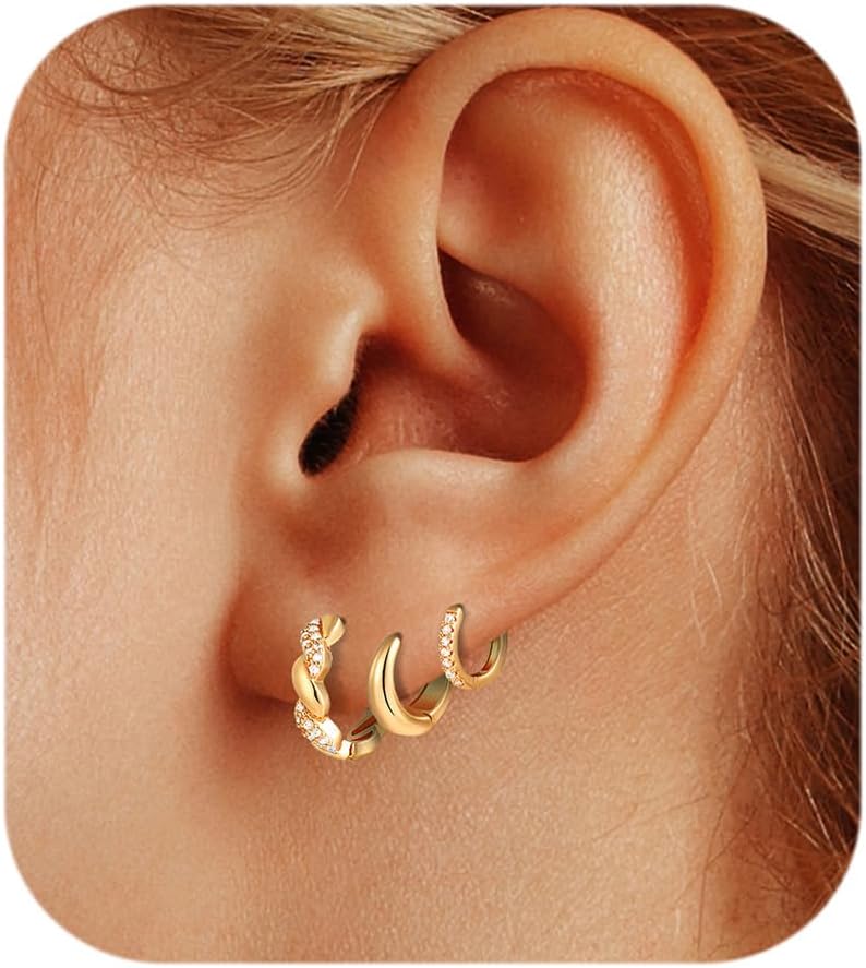 Gold Chunky Hoop Earrings Set for Women, 14K Gold Plated Twisted Huggie Hoop Earring, Thick Open Hoops Set Lightweight