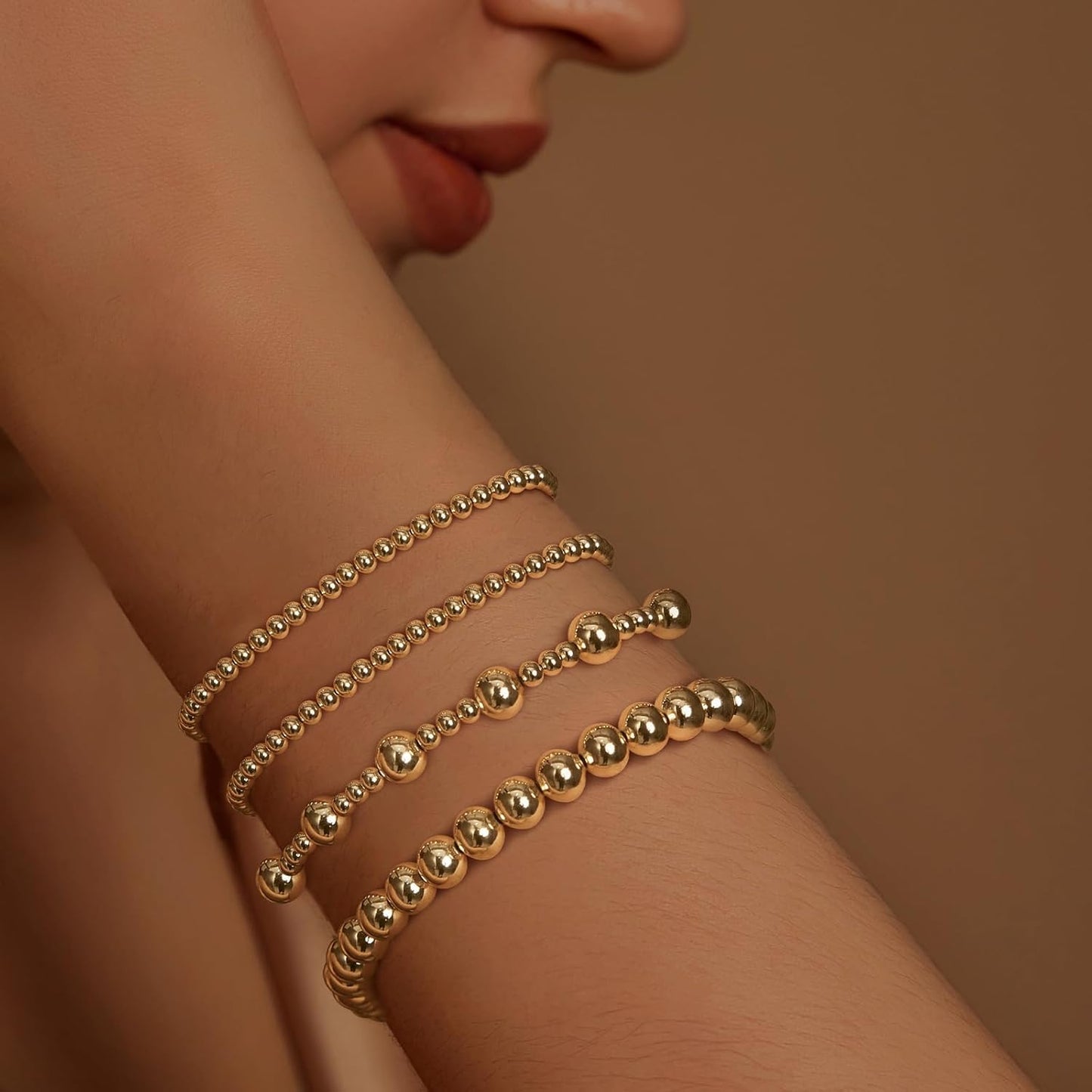 Gold Bracelets for Women 14K Gold Plated Cross Bracelet Strand Bead Ball Bracelets stack Set Chunky Chain Bracelet Trendy