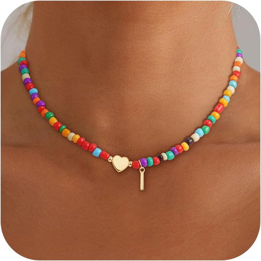 Colorful Beaded Initial Necklace for Girls & Women - Dainty Choker, Perfect Gift for Teens