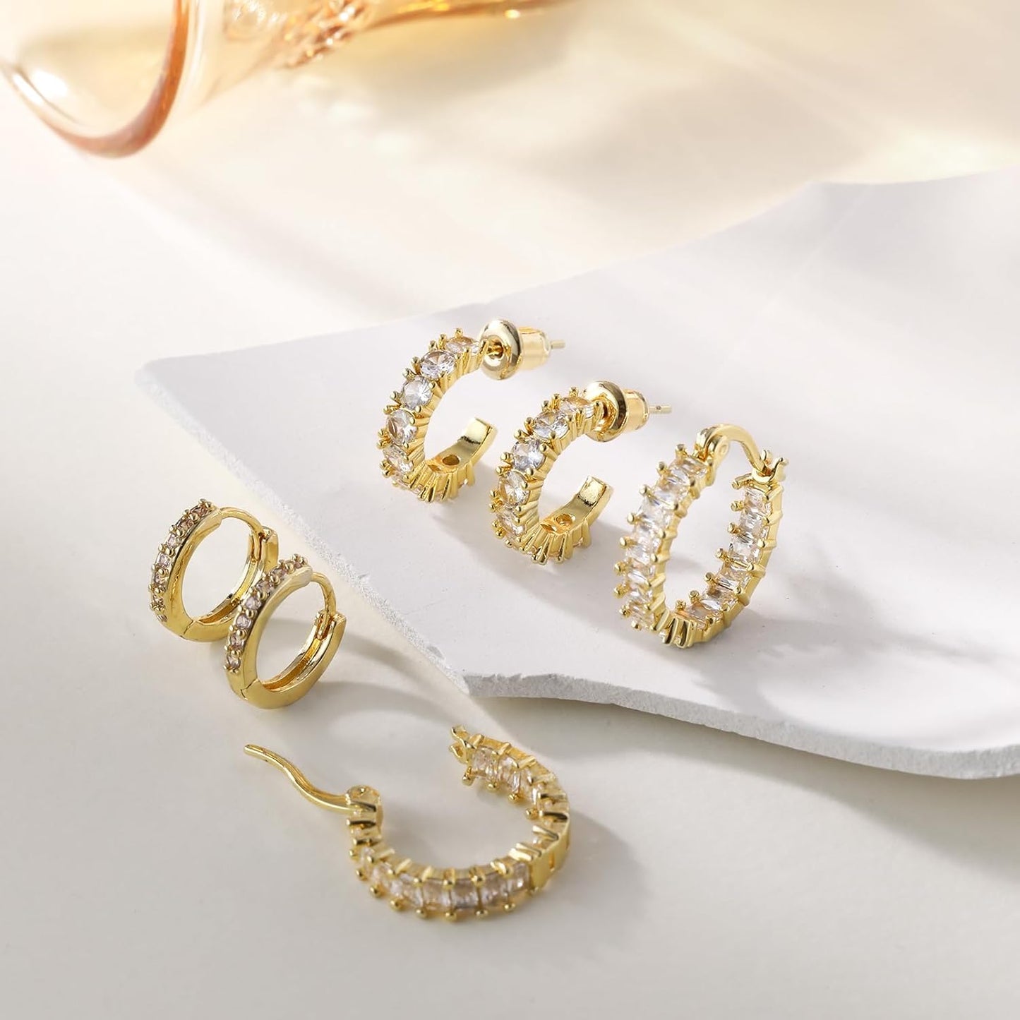 Gold Hoop Earrings Set for Women Trendy, 14K Gold Plated Chunky Hypoallergenic Small Diamond Cartilage Hoops Cute Cubic