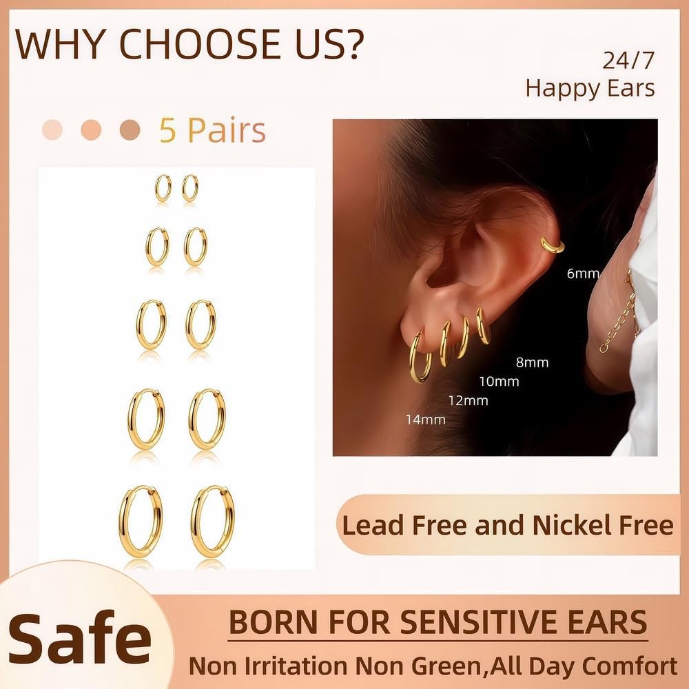 5 Pairs 14K Gold Plated Huggie Hoop Earrings for Women - Lightweight Minimalist Small Hoops,  Sensitive Ears, Multiple Piercing Stack Set