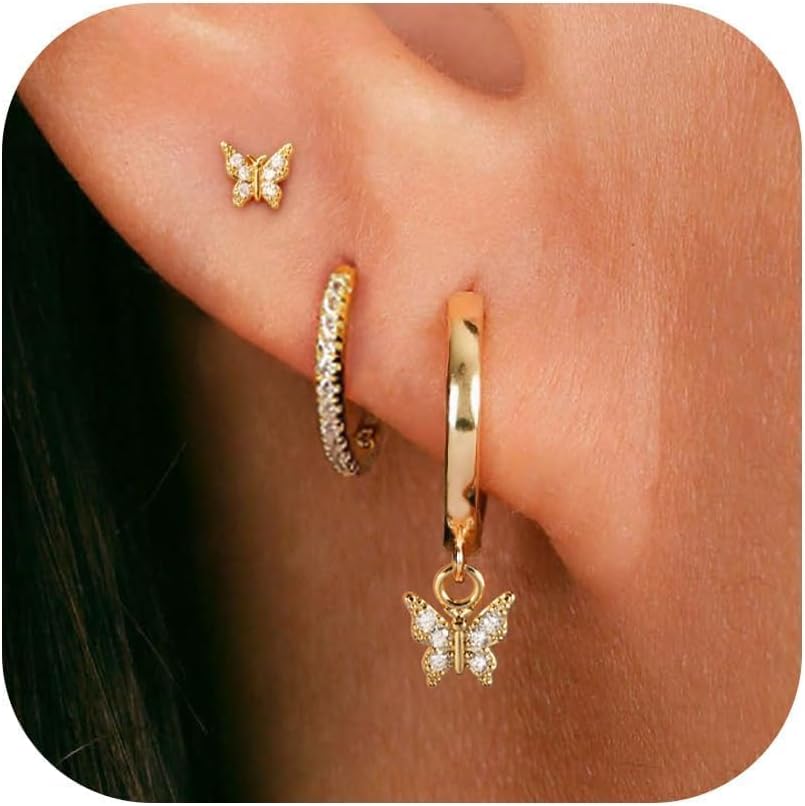 3 Pairs Small Gold Hoop Earring, 14K Gold Plated Earring Stacks Butterfly Heart Star Moon Bow Four Leaf Rhombus Round CZ Pearl
