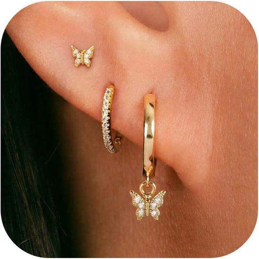 3 Pairs Small Gold Hoop Earring, 14K Gold Plated Earring Stacks Butterfly Heart Star Moon Bow Four Leaf Rhombus Round CZ Pearl
