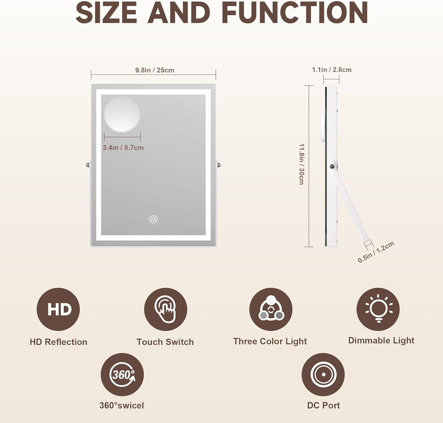 9.8" x 12" LED Makeup Mirror, Light & Brightness Adjustment, Smart Sensor, with 5X Magnifying Glass