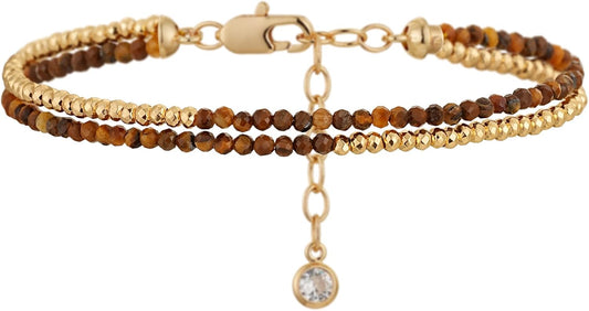 Women Beaded Bracelet Gold Double Layer Gemstone 14K Simple Dainty Handmade Chain Everyday Boho Beach Jewelry