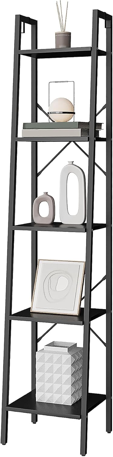 Ladder Shelf, Bookshelf Bookcase, Freestanding Corner Storage Shelve with 2 Hooks