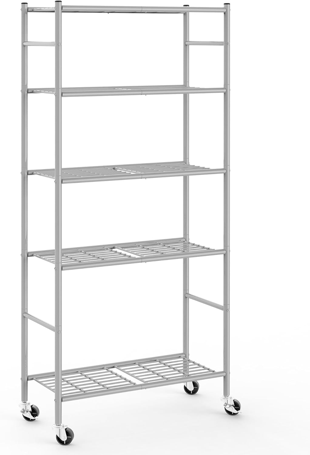 Storage Shelves Organizer - 5 Tier Metal Shelf Organizer with Metal Wheels and Adjustable Leveling Feet