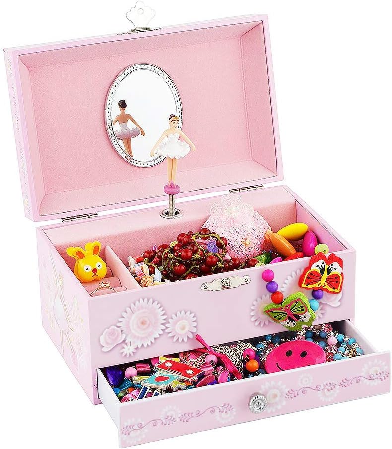 Kids Musical Jewelry Box for Girls with Drawer and Jewelry Set with Ballerina Theme