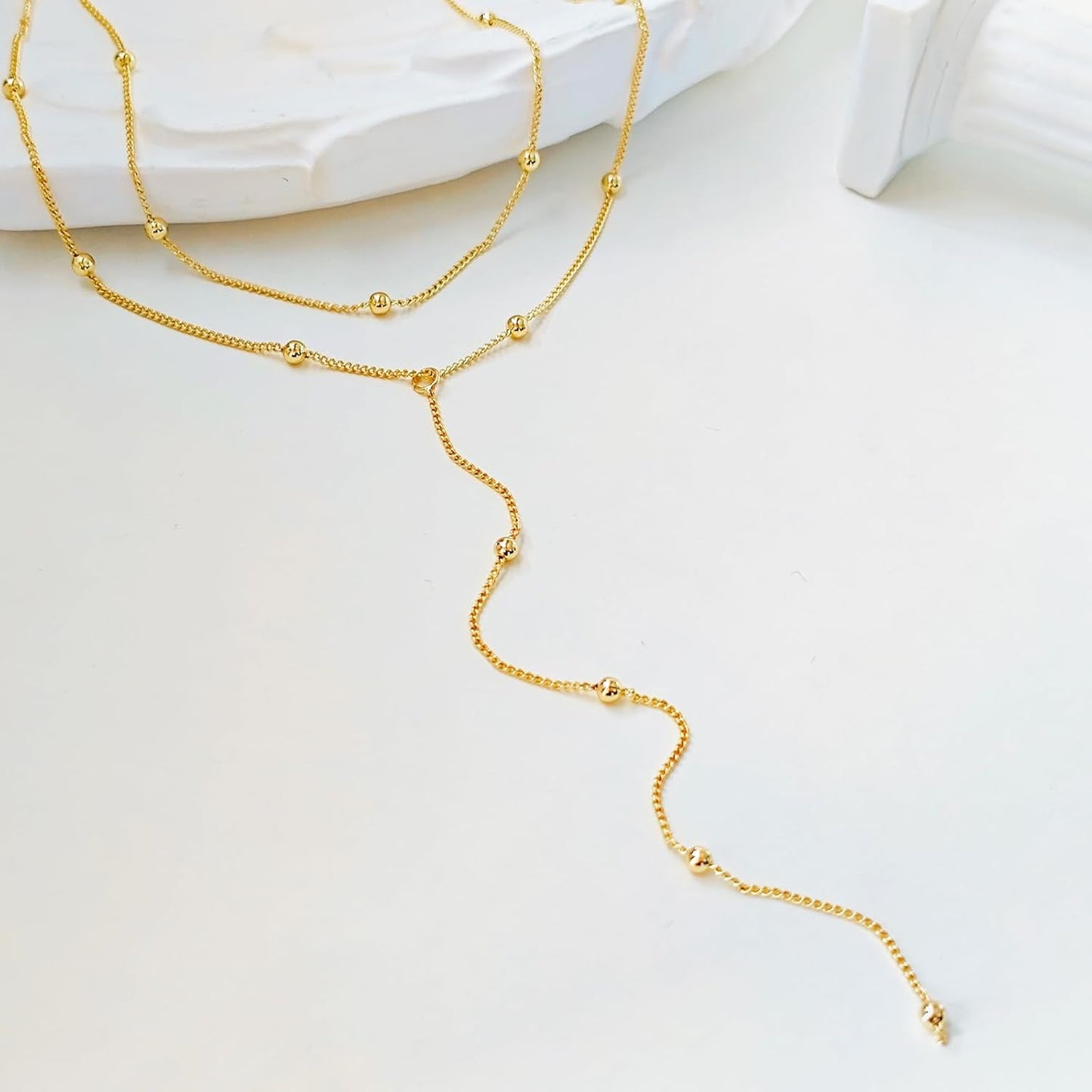Adjustable Y-Lariat Necklace | 14K Gold/Silver Dainty Beaded Drop Chain - Boho Jewelry Gift for Her