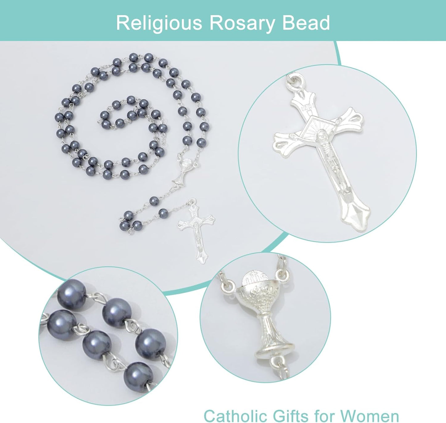 6mm Pearl Rosary Beads With Crucifix - Women's Catholic Prayer Necklace, Gift Box & Pouch Included