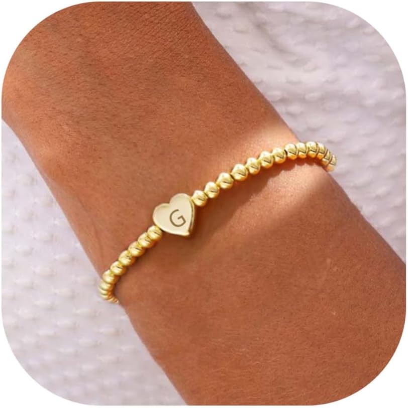 Beaded Bracelets for Women Dainty Heart Initial Bracelet Letter A-Z Charm Bracelet for Women Stretch