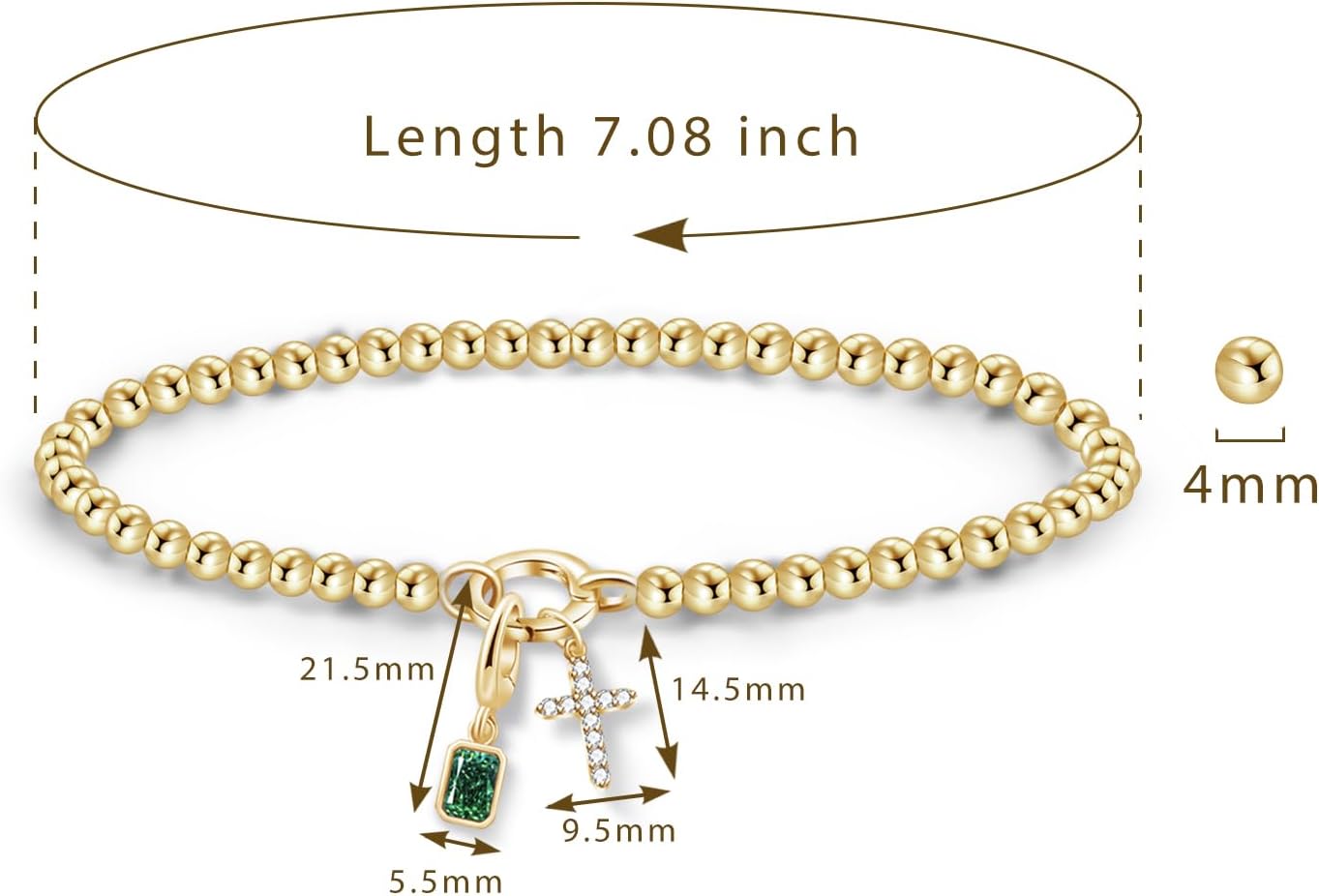 Free bird Cross Birthstone Bracelet | Dainty 14K Gold Plated Cross Charm Bracelet | Stretchable Elastic Gold Beaded Bracelet