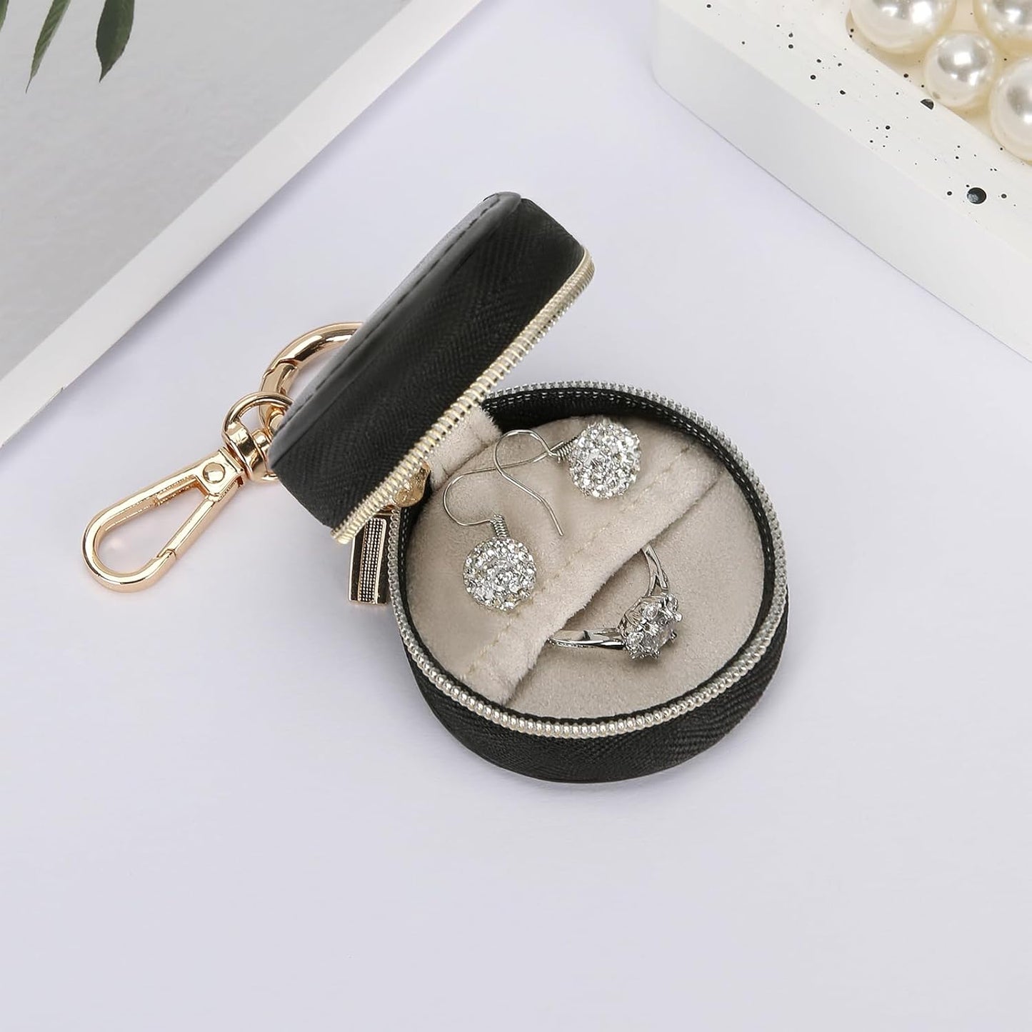 Jewelry Ring Holder Box with Keychain, Small Travel Ring Earring Stud Necklace Storage Case