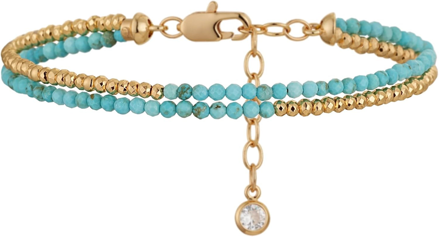 Women Beaded Bracelet Gold Double Layer Gemstone 14K Simple Dainty Handmade Chain Everyday Boho Beach Jewelry