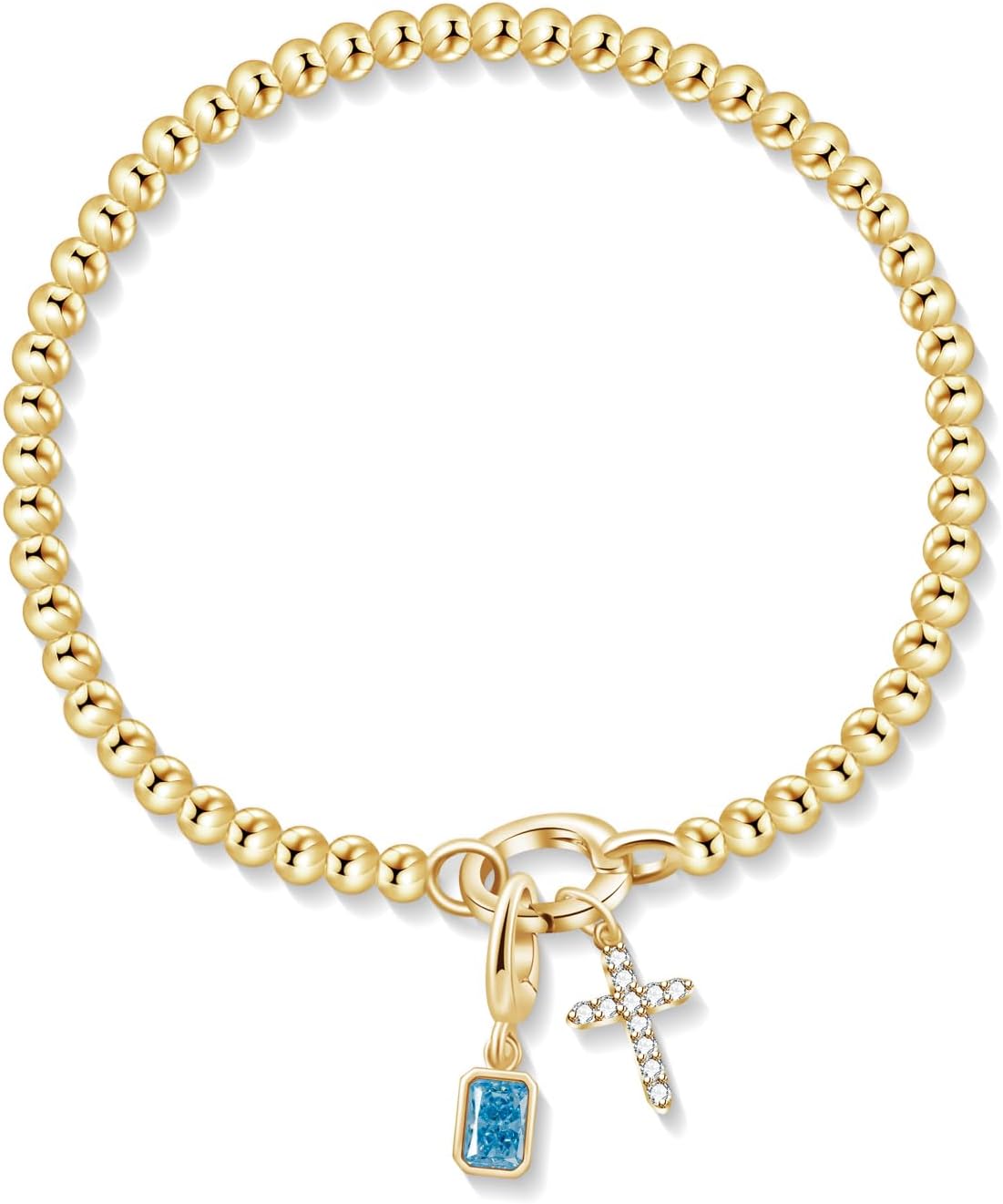 Free bird Cross Birthstone Bracelet | Dainty 14K Gold Plated Cross Charm Bracelet | Stretchable Elastic Gold Beaded Bracelet