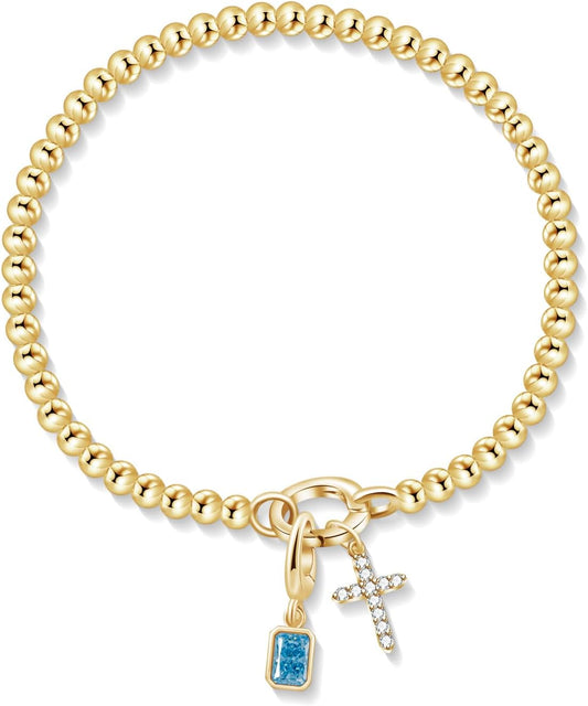 Free bird Cross Birthstone Bracelet | Dainty 14K Gold Plated Cross Charm Bracelet | Stretchable Elastic Gold Beaded Bracelet