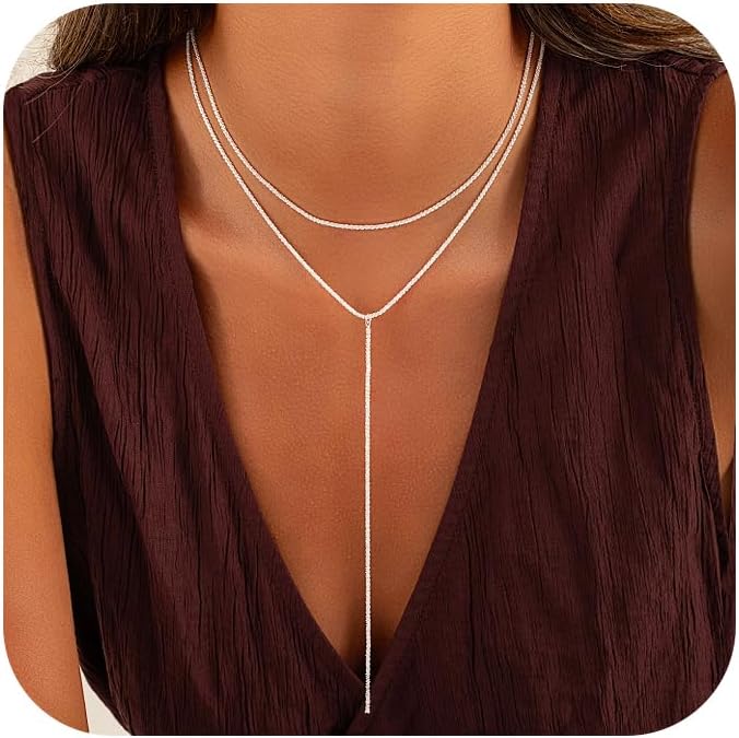 Two-Tone Gold & Silver Y Necklace, Layered Dangle Statement Body Chain For Women, Beach Boho Cleavage Jewelry For Vacation Or Prom