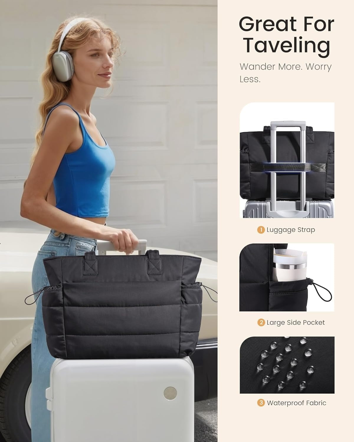 Tote Bag for Women with Giant Tumbler Holder Pocket, Puffer Work Travel Laptop Handbag with Zipper